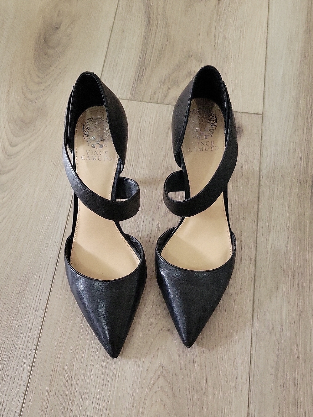 Vince Camuto Black Pointed Strap Pumps with Cross Ankle Band